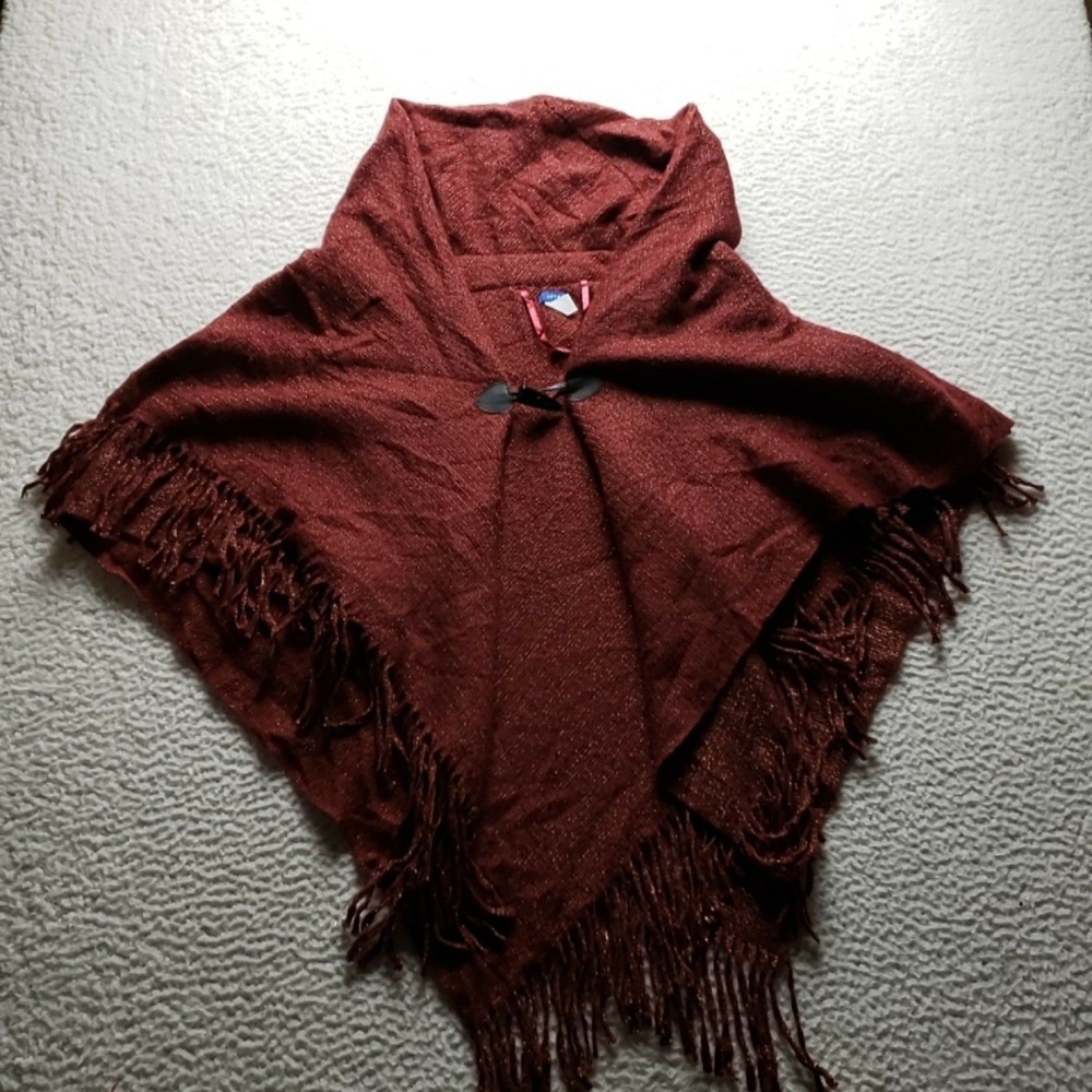 Apt. 9 Wrap Womens One Size Red Fringe Knit Button Shawl Pashmina Poncho Fall
